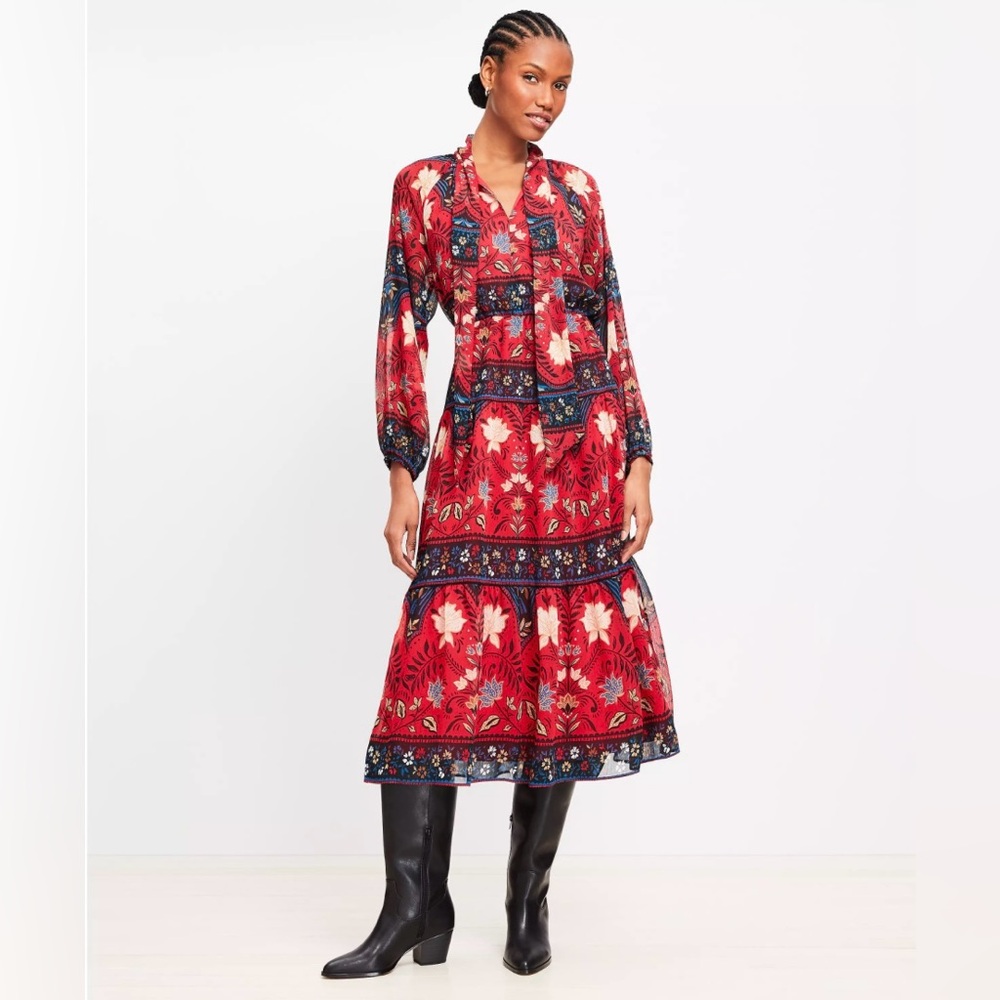 LOFT Red and Blue Floral Long Sleeve Dress